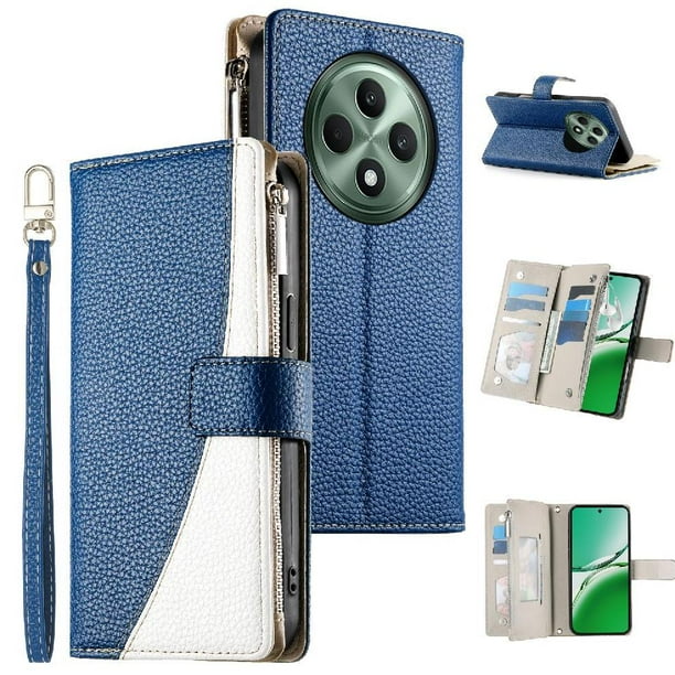 Funda cartera GANGXUN para OPPO Reno 12F , cuero PU con tarjetero, cremallera, correa de mano, soporte y protección 670°