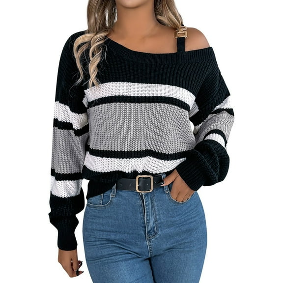 Women's Off Shoulder Striped Knit Sweater Casual Loose Fit Long Sleeve Pullover Top for Fall and Winter