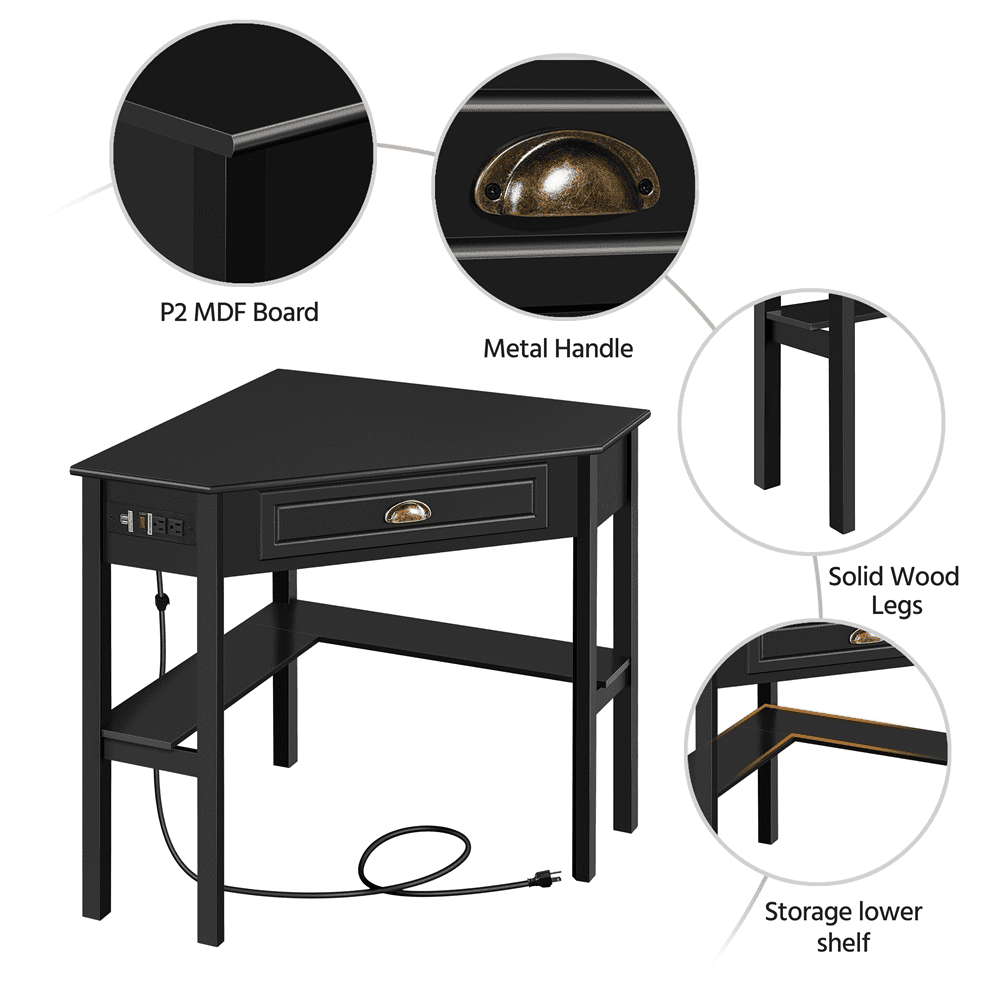 Yaheetech Corner Computer Desk Workstation with Power Outlet Storage Drawer, Black