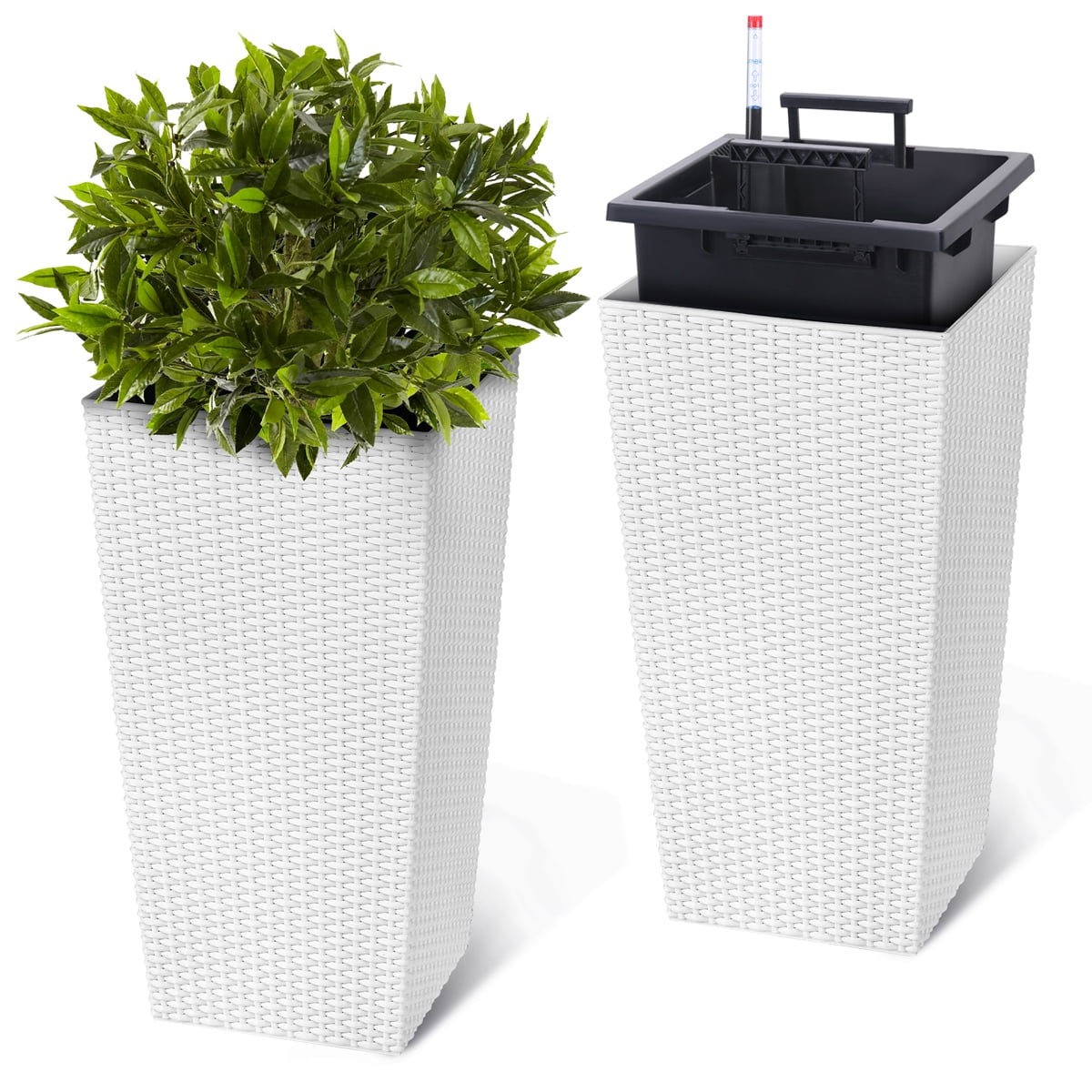 Faitaliicy 2-Pack 23" Tall Planter Modern Square Rattan Plant Pot Outdoor Indoor Large Garden Plant Pots Tree Flower Pot With Self-Watering Drain Holes Water Level Monito For Front Porch Patio