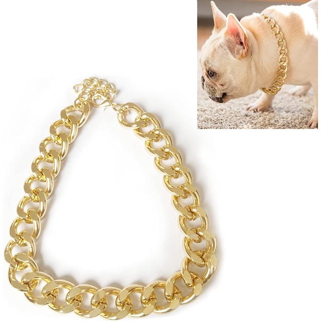 Collar metálico para mascotas, joyería para mascotas, collar de felpa para gatos y perros, estilo francés, cadena dorada grande de 45 cm + 7 cm.