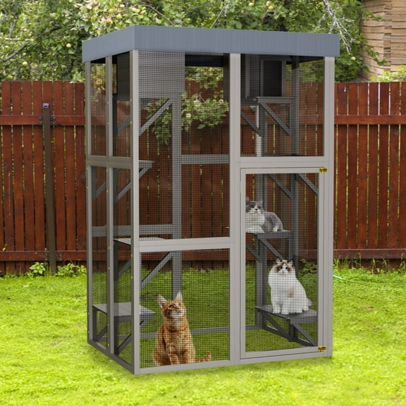 AENKYO 70.5'' H Outdoor Catio Cat Enclosure with Waterproof Roof, 6 Platforms, 2 Napping Houses, Cat House for Multiple Cats, Gray