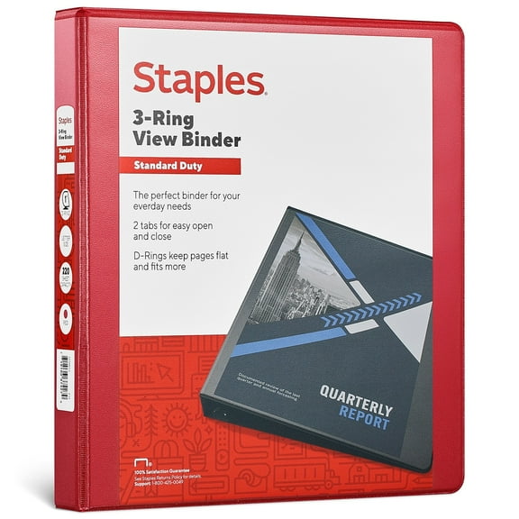 Staples Standard 1" 3-Ring View Binder Red (58652)