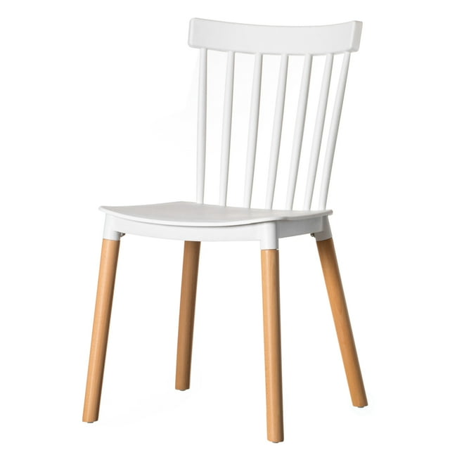 Modern Plastic Dining Chair Windsor Design with Beech Wood Legs, White