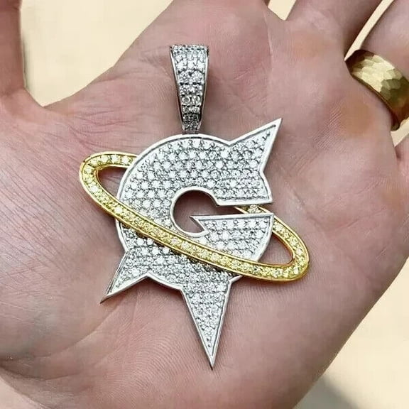 2 Ct D/VVS1 Real Moissanite Custom Letter G Men's Pendant Yellow Gold Plated 2''