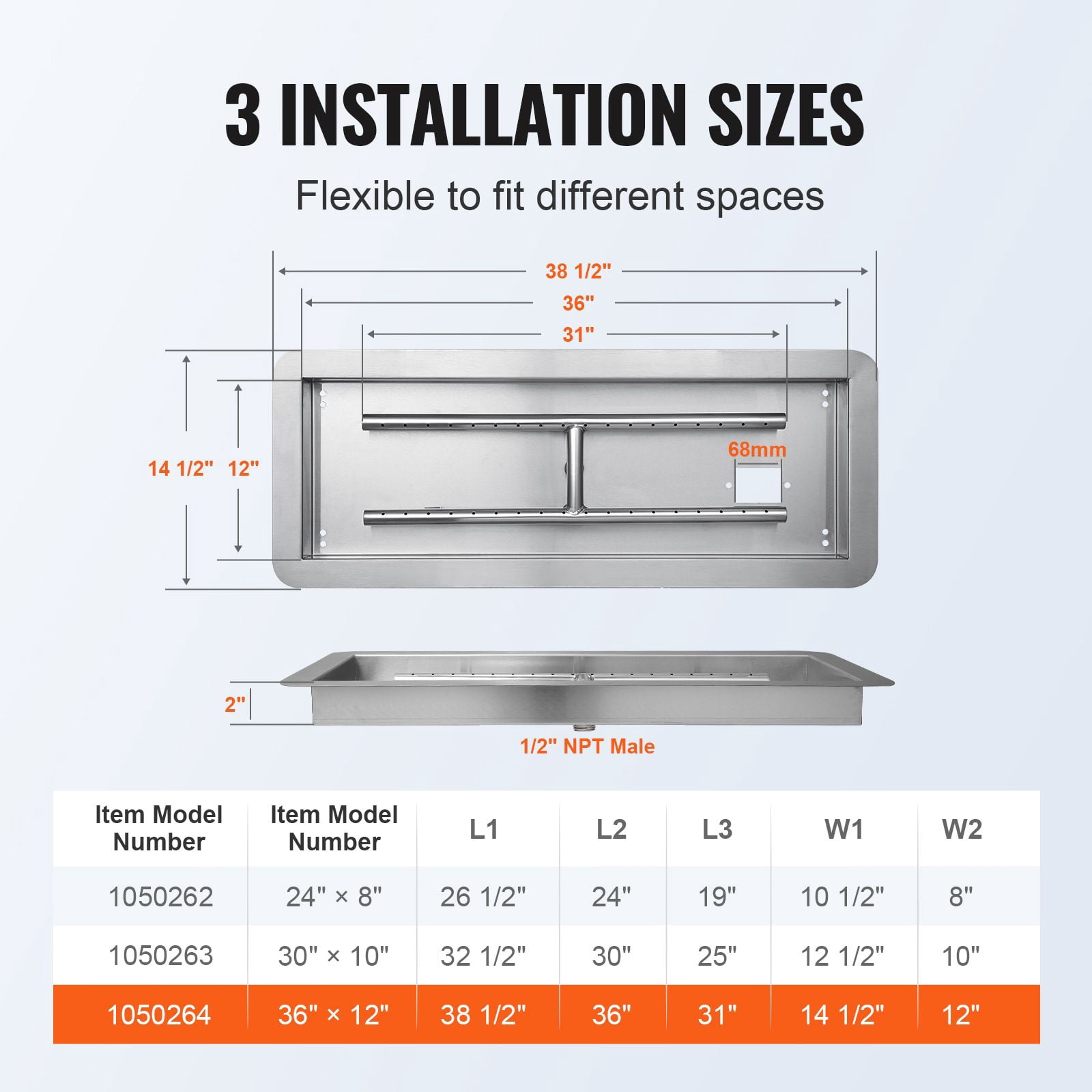 36 x 12-inch recessed brazier, rectangular stainless steel burner kit, 150,000 BTU Type H burner for natural gases‌ and propane gases‌ both indoor and outdoor