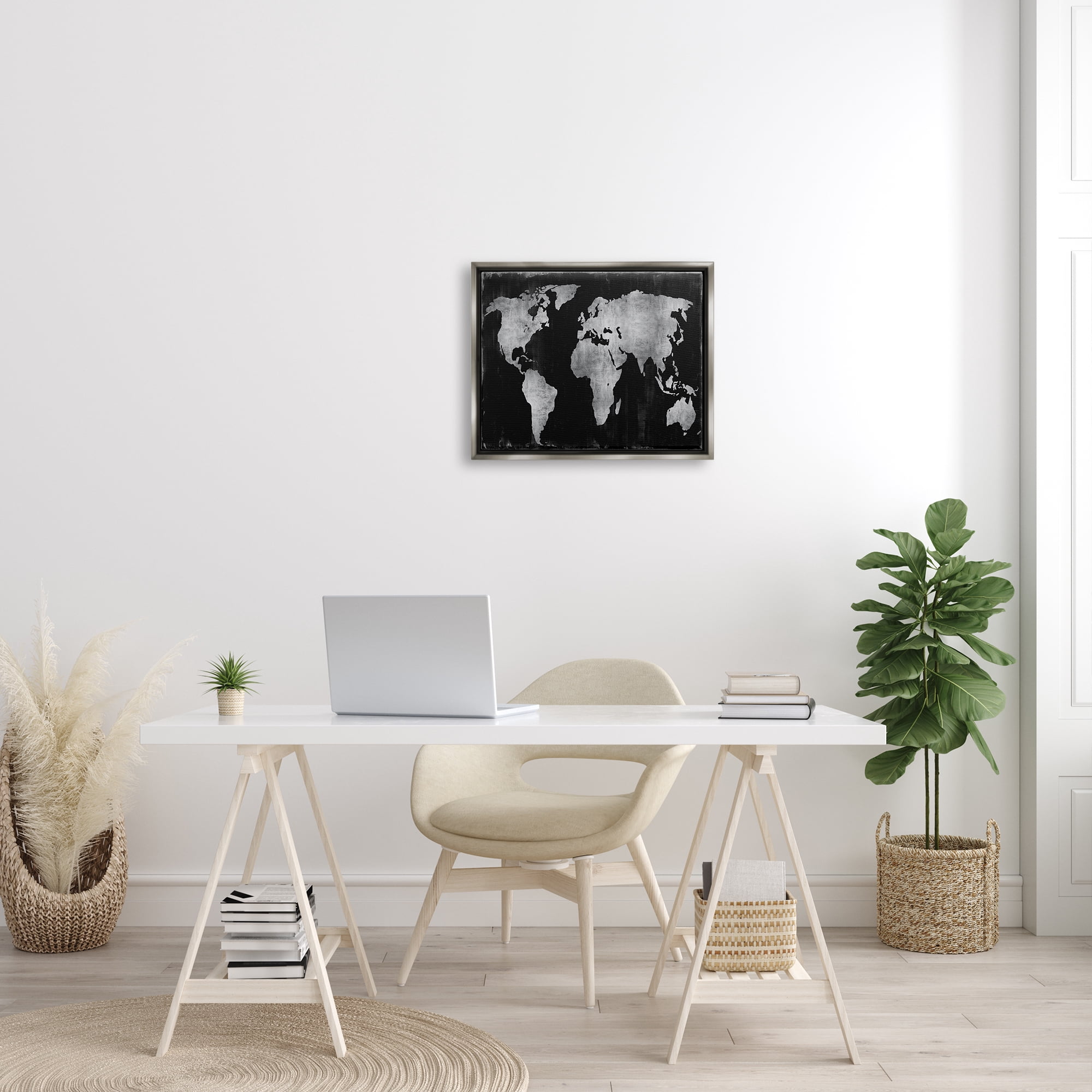 Stupell Weathered Black World Map Travel & Places Painting Gray Floater Framed Art Print Wall Art