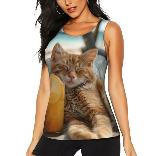 Fotbe Relaxing Cat With Orange Juice Blusas Sin Mangas para Mujer – Estilo Casual, Corte Suelto, Slim-Fit, Cuello Redondo Deportivo, Tops de Verano para Gimnasio y Yoga-Small