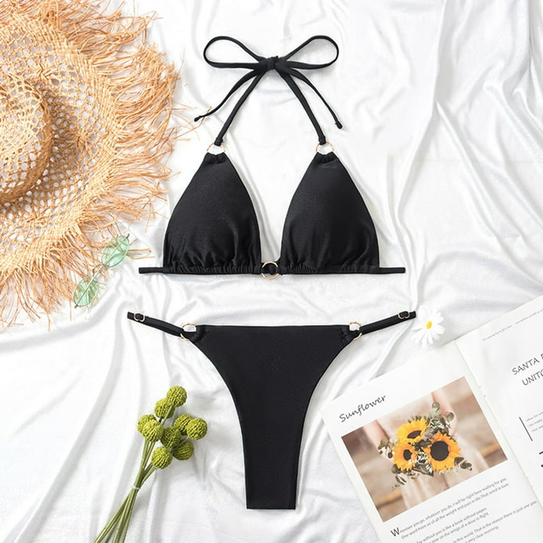  Bikini Sets for Women Large Bust, Plus Size Halter Swimsuit Two  Piece, Triangle Bikini Top + Side Tie Bikini Panty Black : Clothing, Shoes  & Jewelry