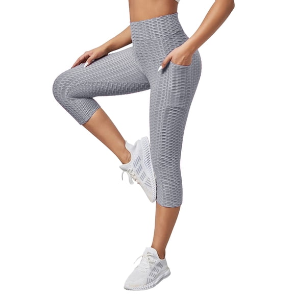 Womens Soft Yoga Pants Pocket Capri 3/4 High Waist Elastic Opaque Plus Size Sports With Side Pockets for Yoga Leisure Leggings for Women Running Gym and Workout