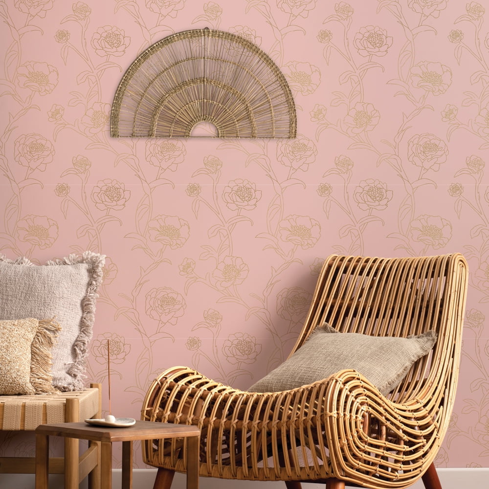 Tempaper Peonies Rose & Metallic Gold Floral Peel and Stick Wallpaper, 20.5" x 16.5'