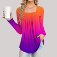 thumbnail image 2 of Womens Tunic Tops Casual Square Neck Long Sleeve Pleated Flowy T-Shirts Striped/Floral Printed Dressy Blouses,Orange,XL, 2 of 5