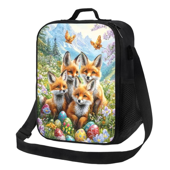 Easter Fox Lunch Bag Reusable Lunch Box Insulated Tote Bag with Adjustable Shoulder Strap