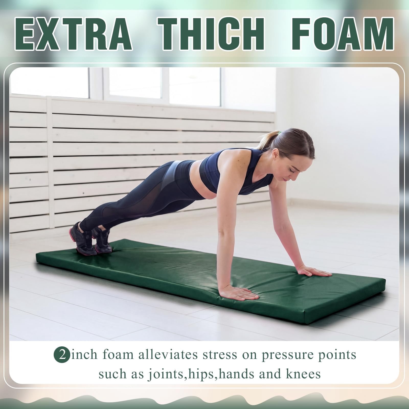 Dark Green Foldable Yoga Mat 2 Inch 72"x24" Thick With Carry Strap For Pilates And Stretching
