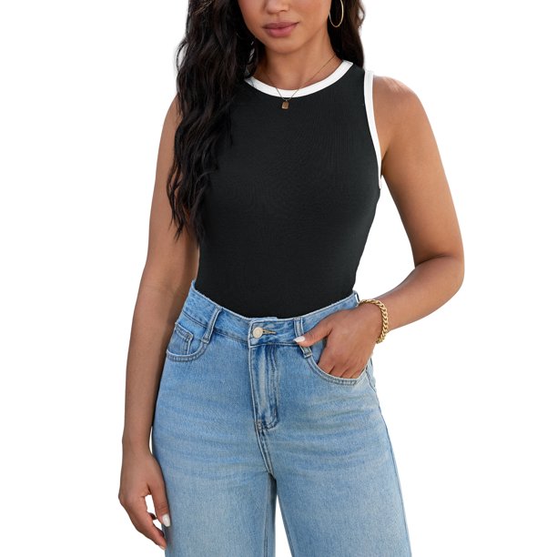Camisetas casuales sin mangas de verano para mujer ATHLECHIC, con cuello redondo y bloques de color, en negro y blanco