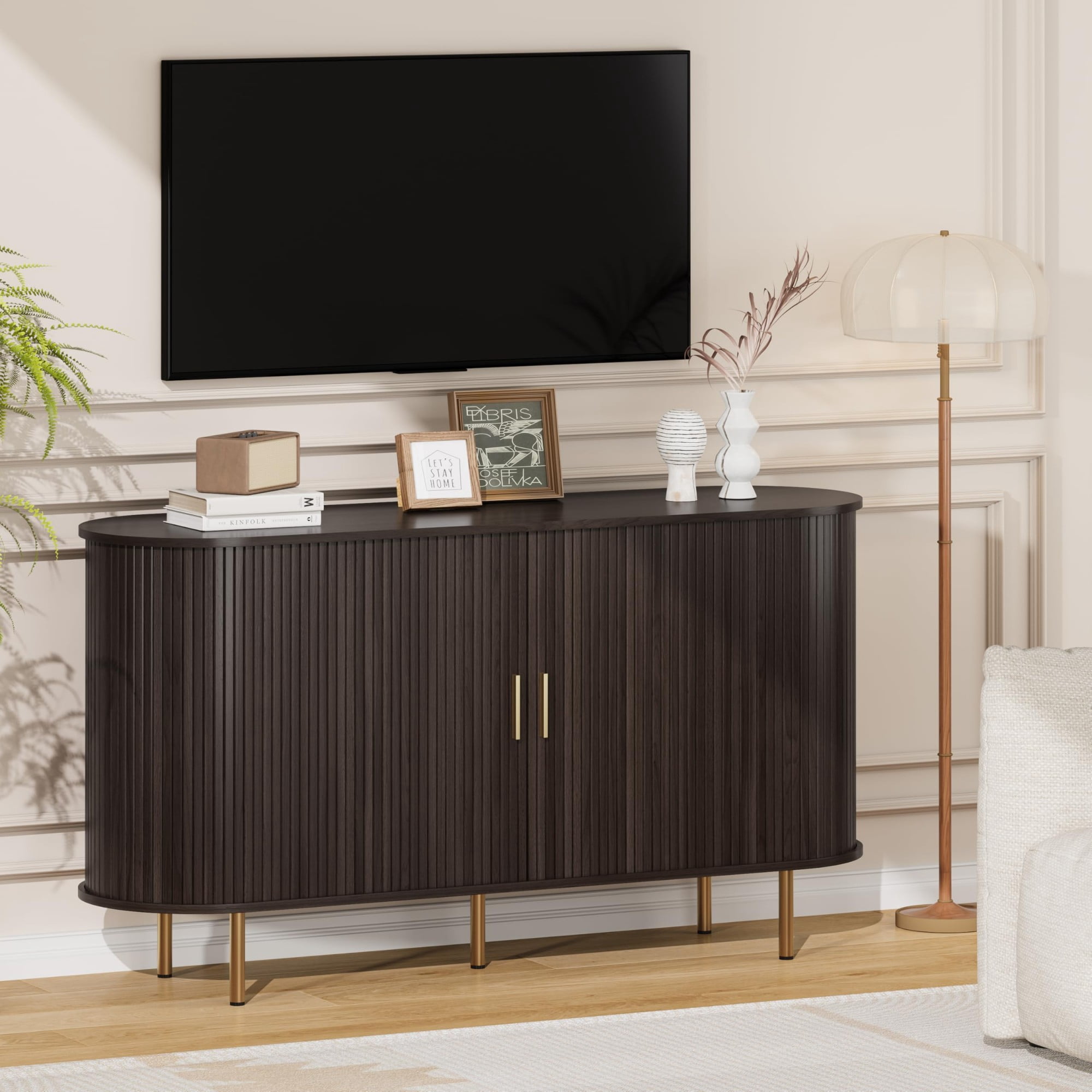 Mid Century Modern Sideboard Buffet Cabinet, 55 Inch Fluted Coffee Bar Console with Tambour Sliding Doors, Black