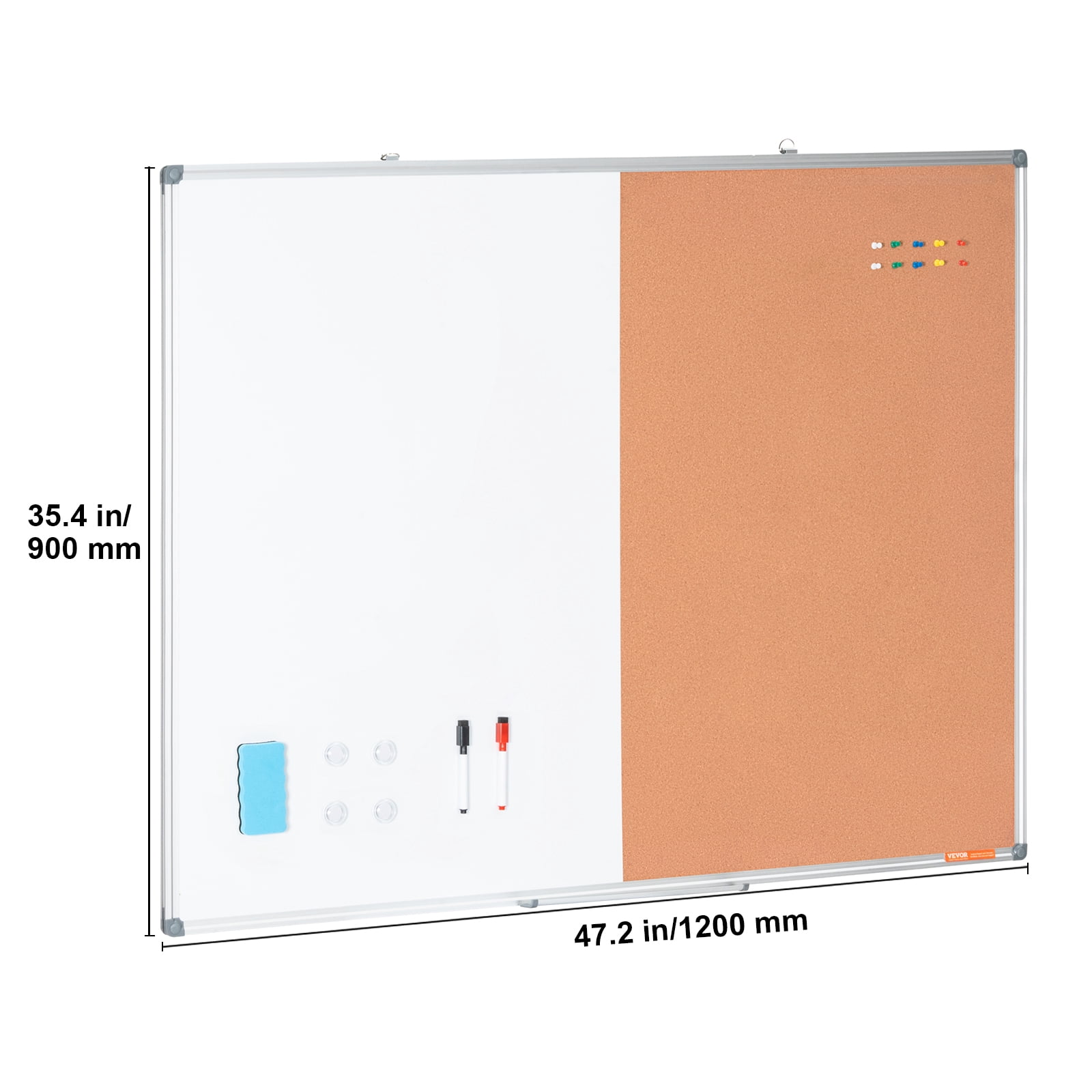 VEVOR 48"x 36" Whiteboard & Cork Board Combo with Aluminum Frame – 2-in-1 Magnetic Dry Erase Bulletin Board for Wall Mount – Ideal for School, Home, Office