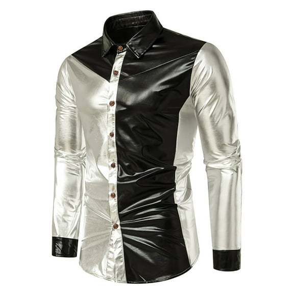 Njoeus Men's Fashion Nightclub Shiny Discoes Metal Shirt Black White Long Sleeve Buttons Down Party Shirts Prom Costume