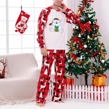 

XIAOFFENN Parent-Child Warm Christmas Suit Printed Plaid Stitching Home Wear Pajamas Long-Sleeved Trousers Two-Piece Set（Dad）