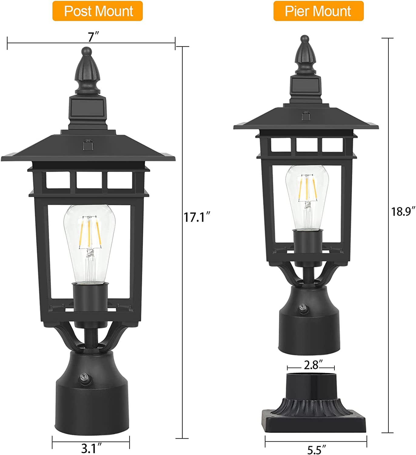 ZXNYH Outdoor Dusk to Dawn Post Light with Pier Mount Base Pack  Waterproof Dusk to Dawn Lamp Posts Outdoor Lighting Lamp Post Light Fixture  for Garden Park Driveway Pathway