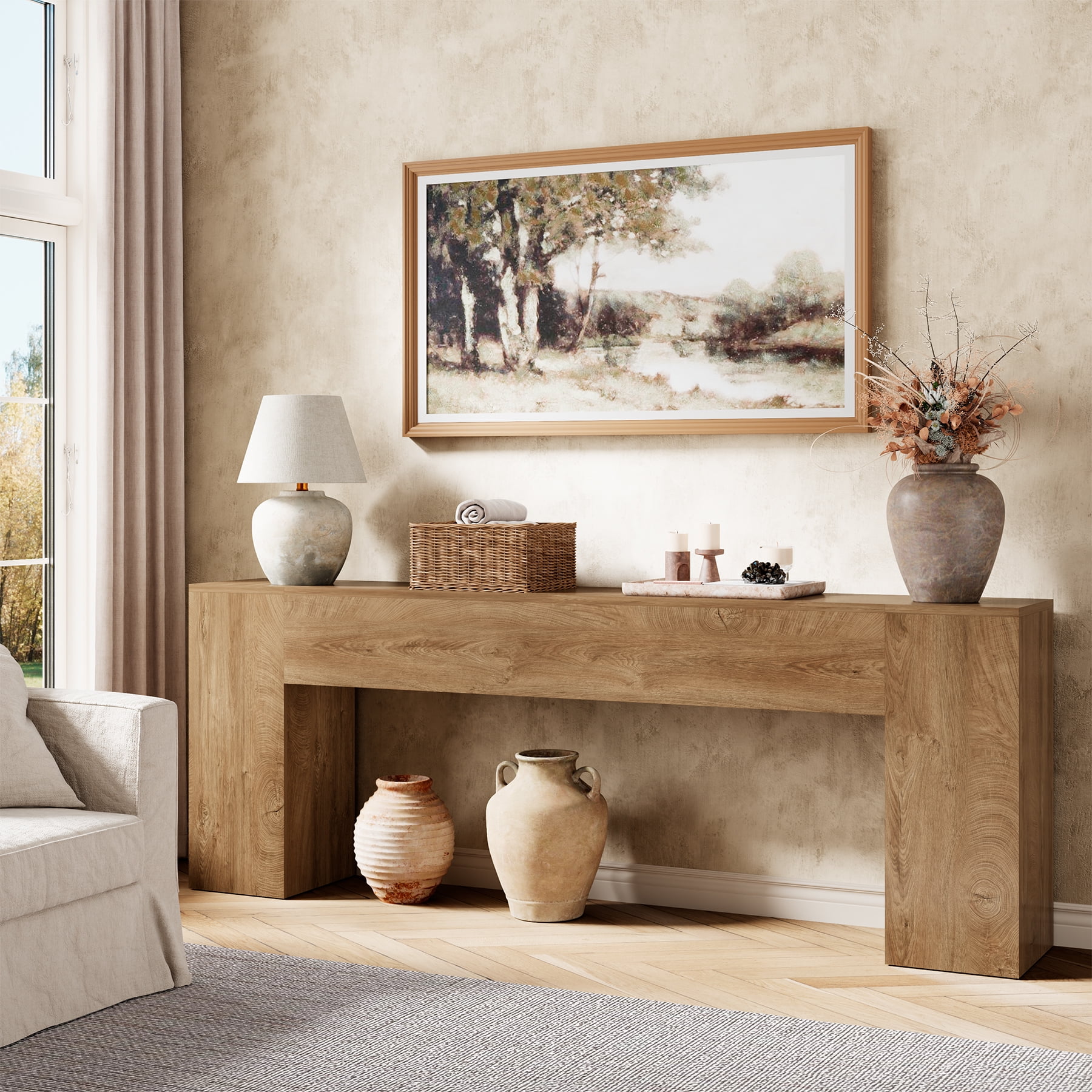 86-Inch Extra Long Console Table for Entryway, Wooden Behind Couch Table Narrow, Farmhouse Entrance Table for Hallway Living Room Apartment, Natural Oak Brown