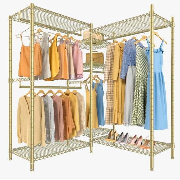 VIPEK L6 L Shaped Clothes Garment Rack 5-Tier Wire Metal, 42.1"L x 42.1"W x 76.4"H, 850LBS, Gold