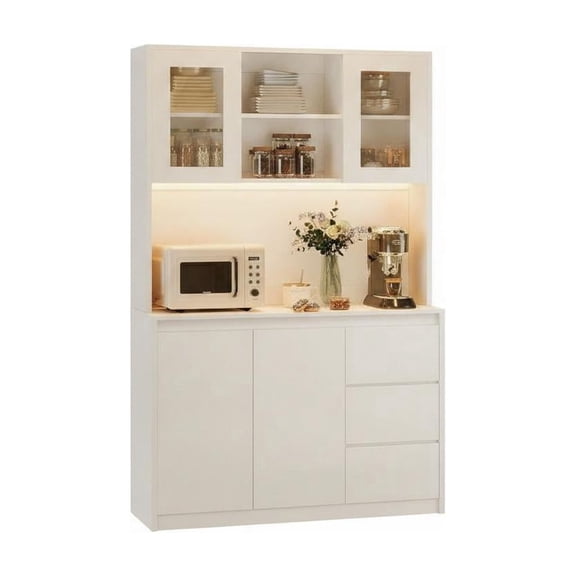 EastVita 71 Tall Kitchen Pantry Cabinet LED Lights Power Outlets Adjustable Glass Shelves Handless AB box White