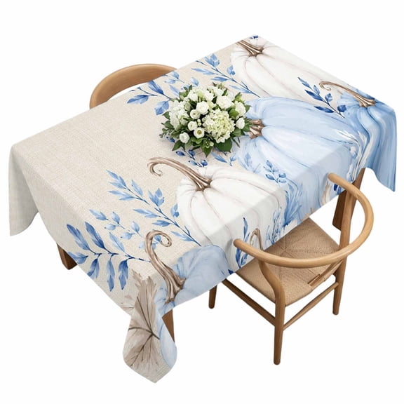 Thanksgiving Pumpkins Rectangle Tablecloth, Blue Maple Leaves Berries Halloween Waterproof Tablecloth, Washable Oil-proof Table Cover for Dining/Party/Wedding/Camping/Buffet 60x120 In