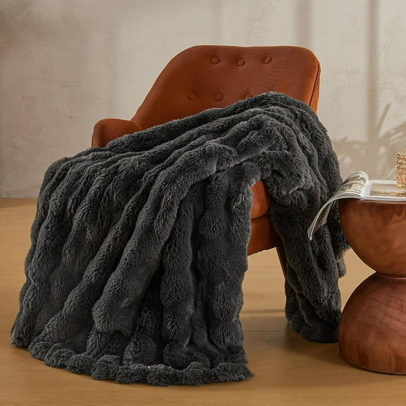 Faux Fur Throw Blanket, Dark Grey, Cozy Plush Bubble Bed Throw, Thick and Warm, 50" X 60"