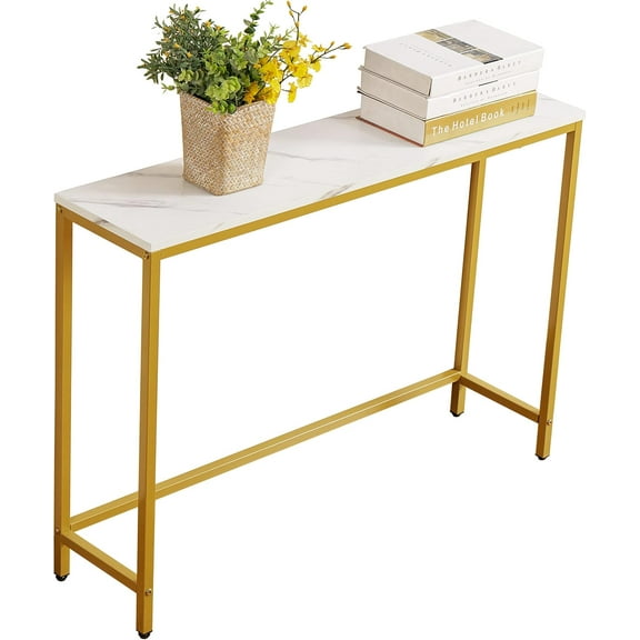 Console Table for Entryway, Faux Marble MDF Sofa Table with Golden Frame (Single Layer, White Marble)