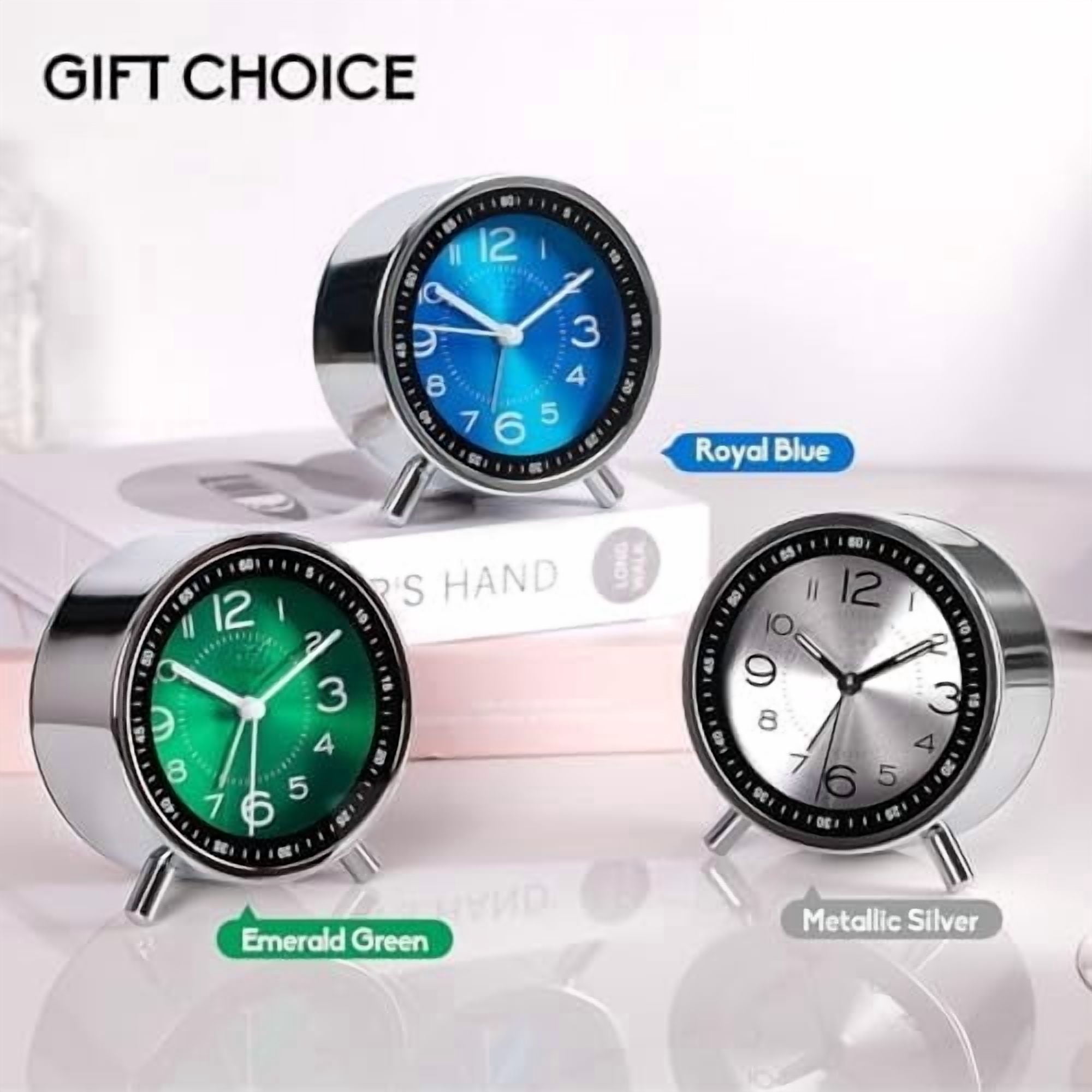Super Silent Metal Alarm Clock,Beep Wake Round Alarm Clock with Strip Night Light,Battery Operated,Easy Set,Simple & Retro for Desk, Bedroom and Home Decoration(Royal Blue)