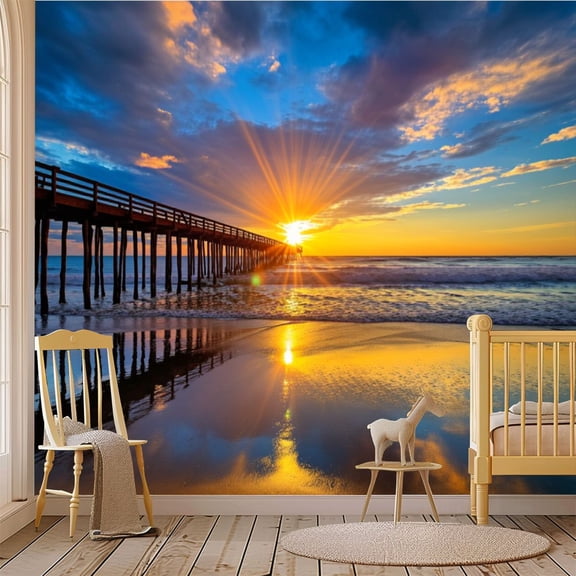69"x98" Wall Mural Peel and Stick Wallpaper San Clemente Pier Summer Sunset Wall Decor Self Adhesive Removable Wall Stickers for Bedroom Living Room