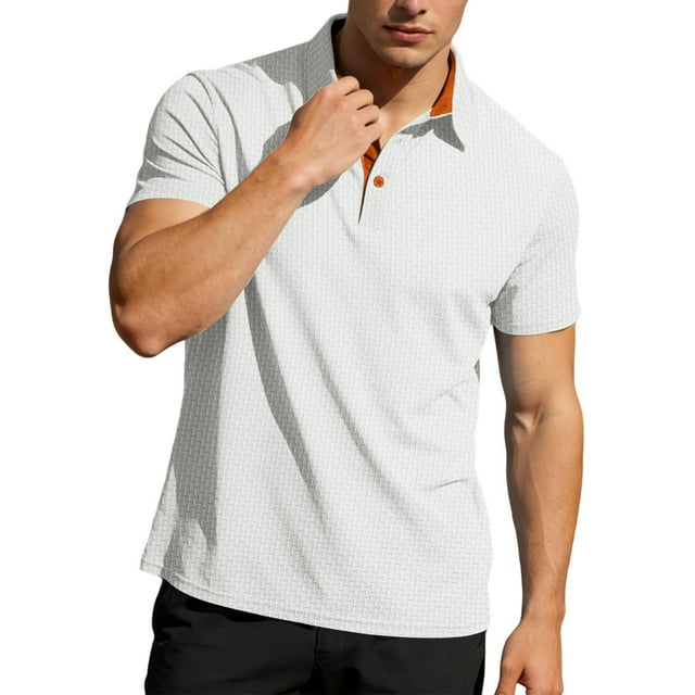 Men's Color-Block Stretch Polo Shirt Short-Sleeve Collared Button Placket Casual Daily Light Commute Spring & Autumn Wear,White,XL