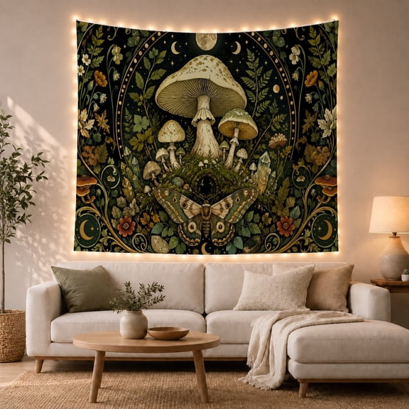 Mushroom and Moth in a Starry Celestial Garden, Mystical Vintage Illustration for Nature Lovers, Ethereal Botanical Wall Art, Birthday Gift Tapestry Wall Hanging for Bedroom and Living Room