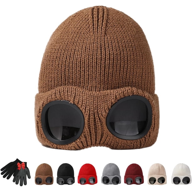 Gorro unisex con diseño de lente de color sólido, gorro de esquí de punto de invierno 2025 con anteojos integradas, para hombres y mujeres, Café, Talla única