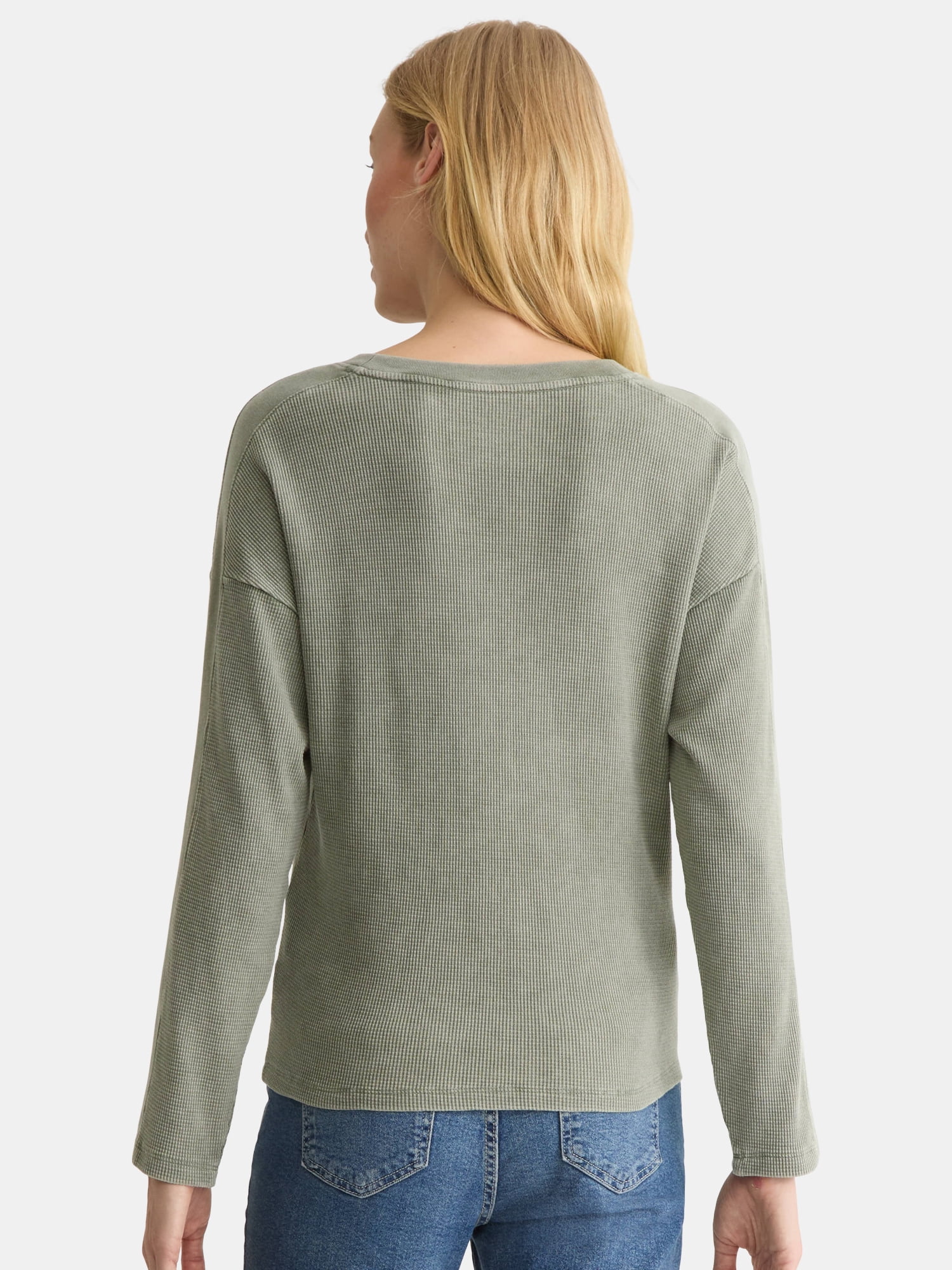 Time and Tru Women's Boxy Thermal Tee with Long Sleeves, Sizes XS-XXXL