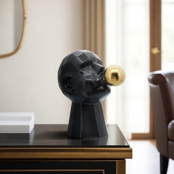 Black Ceramic Bubble Gum Sculpture - 12" Modern Abstract Face Statue, Matte Stoneware Art Decor for Home & Office