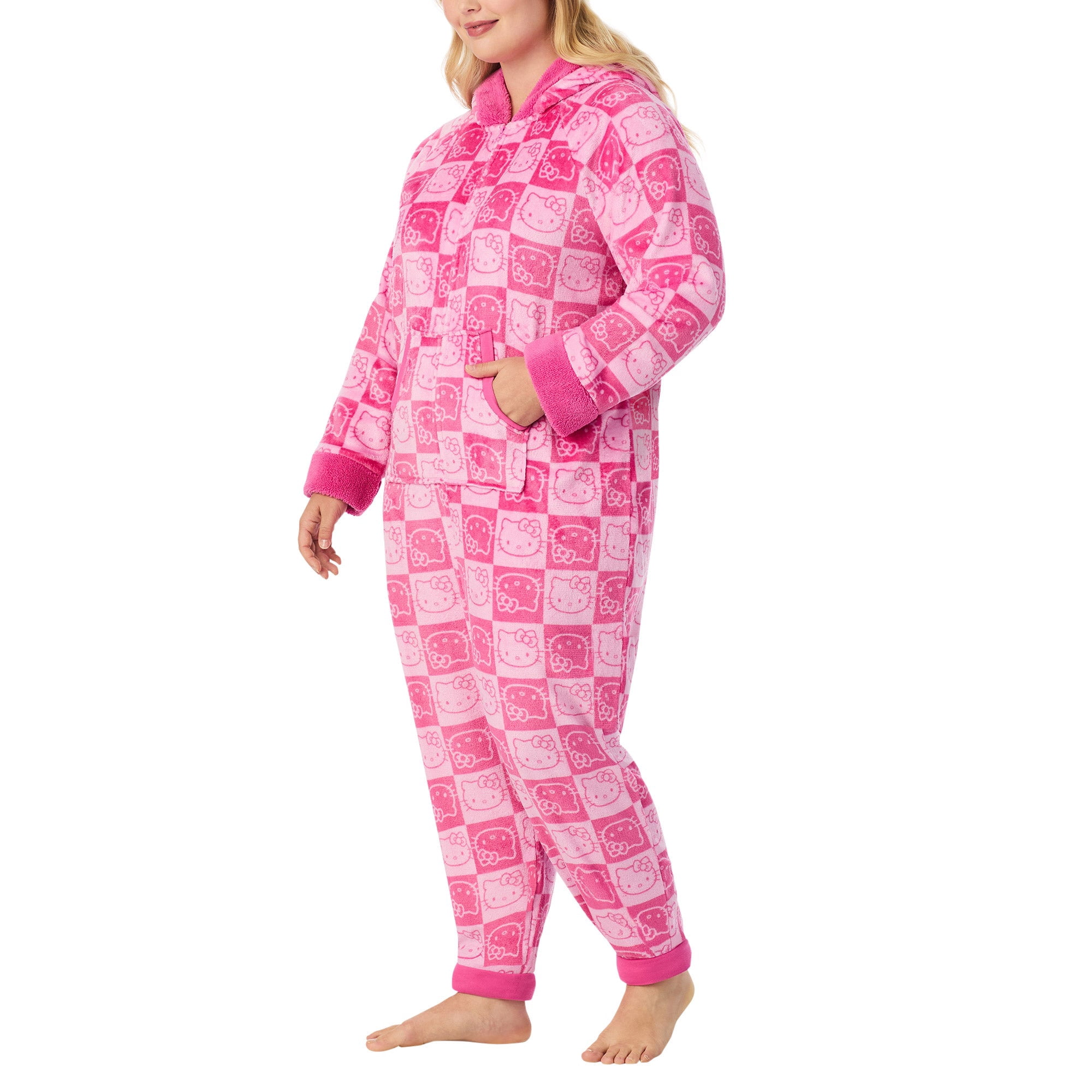 Women's One-Piece Onesie Cozy Lounge Fleece Pajama in Pink / Hello Kitty Sanrio (L)