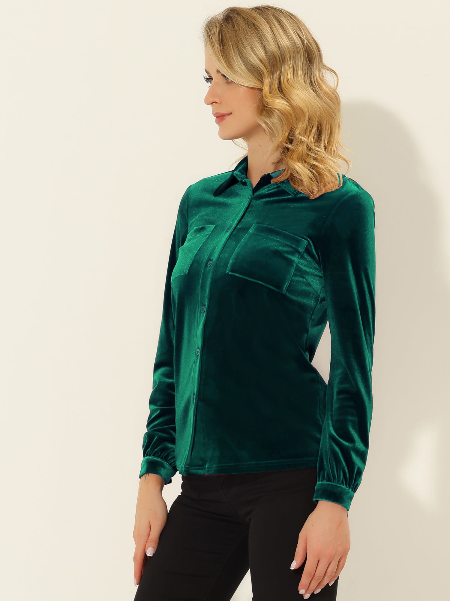 DARING DIVA Women's Office Pocket Front Long Sleeve Button Down Velvet Shirt S Dark Green