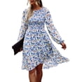 thumbnail image 1 of Vestido de manga larga para mujer, cuello redondo, vestido suelto, estampado a media cintura, falda informal elegante para mujer, azul XL, 1 of 8