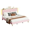 thumbnail image 3 of Bestier King Platform Bed with Adjustable Storage Headboard Shelf, LED Corduroy Upholstered Bed Frame, Pink, 3 of 9