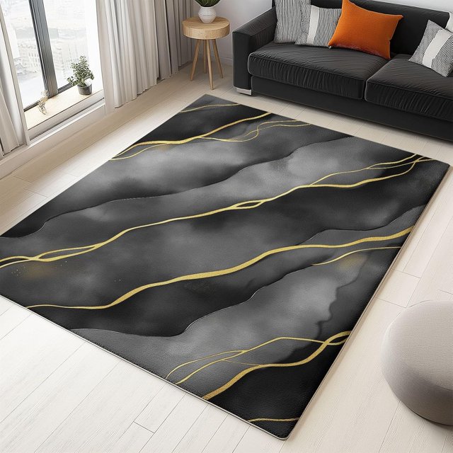 Area Rugs Simple Gold Texture Stain Resistance, 5 X 8 ft Machine Washable Non-Slip Carpet for Living Room Bedroom Office, Dark Gray Pet Friendly Indoor & Outdoor Rug