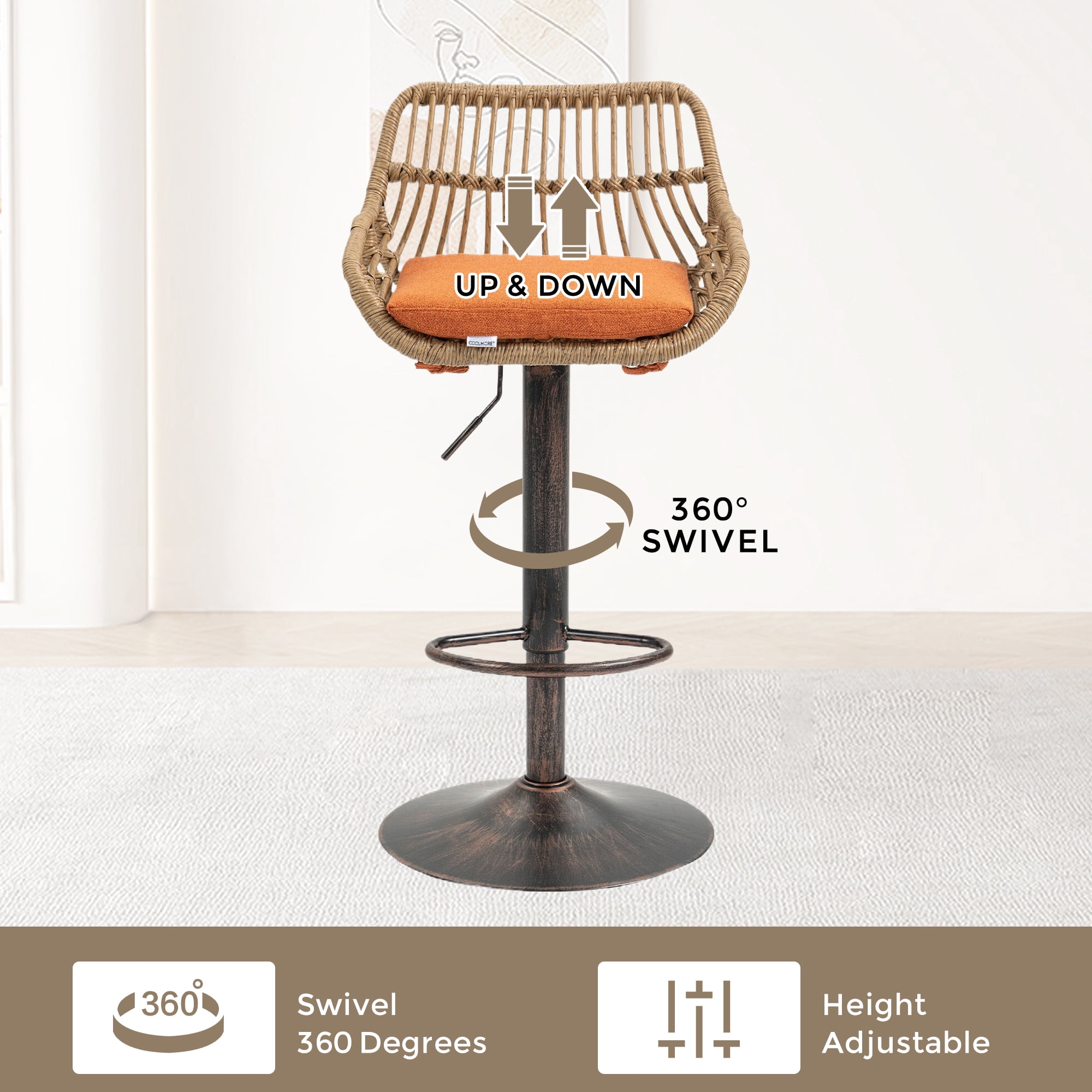 MAYEERTY Modern Swivel Bar Stools Set of 2 Adjustable Counter Height Chairs with Footrest for Kitchen, Dining Room (Orange)