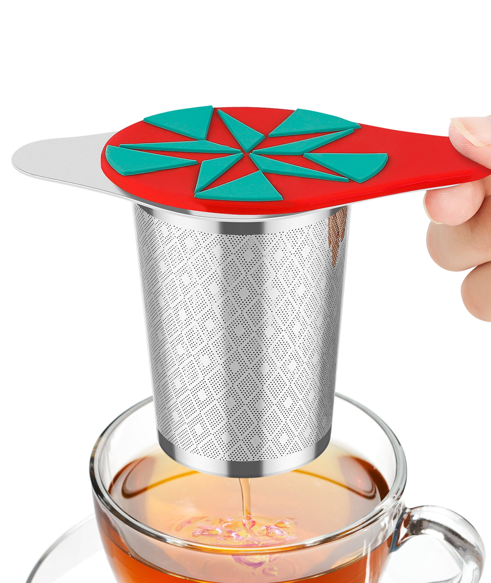 LULLATTI Extra Fine Mesh Tea Infuser Basket with Red Silicone Lid, 18/8