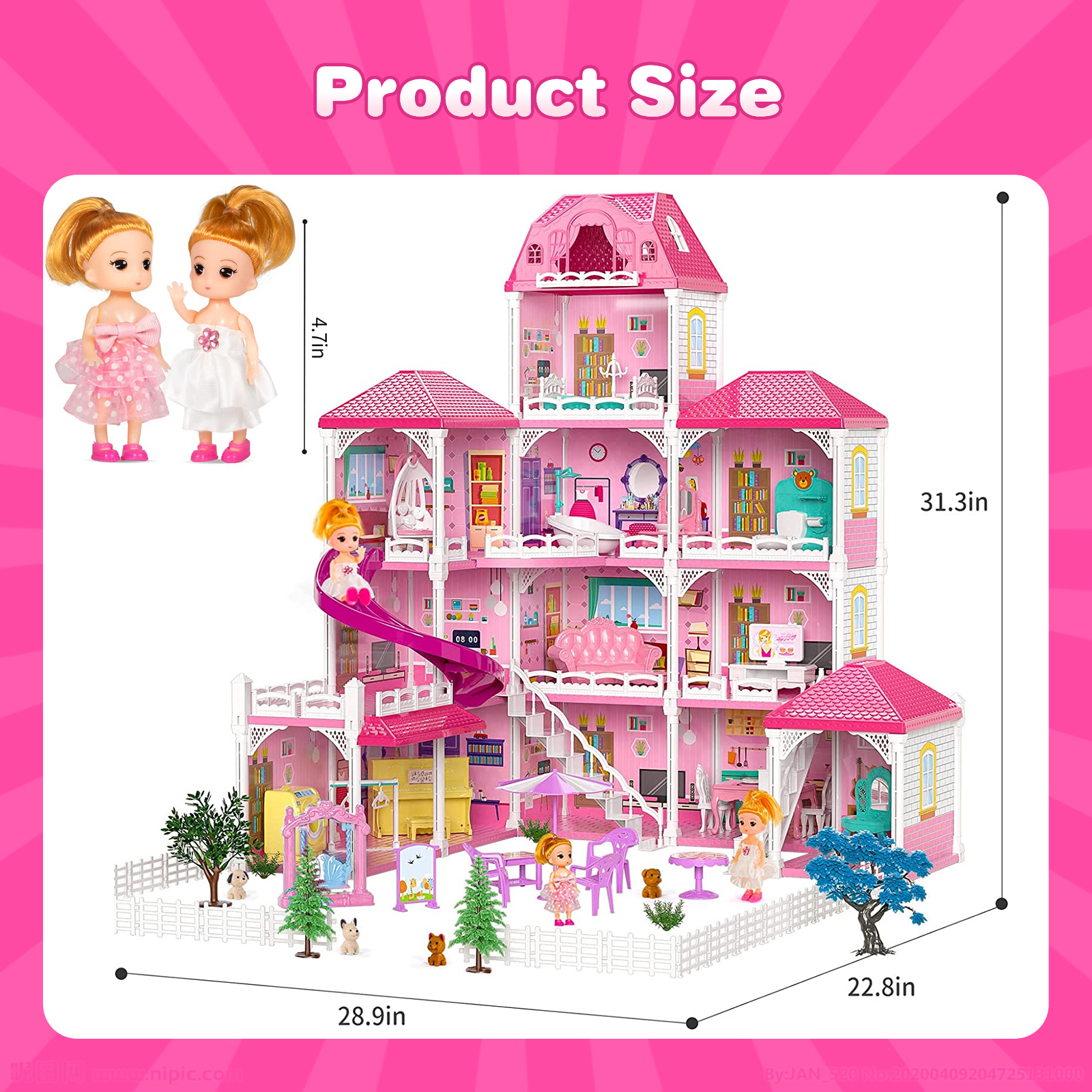 Hot Bee Dollhouse for Girls,4-Story 12 Rooms Playhouse with 2 Dolls Toy Figures,Pretend Dreamhouse with Accessories,Gift Toy for Kids Ages 3 4 5 6 - image 3 of 7