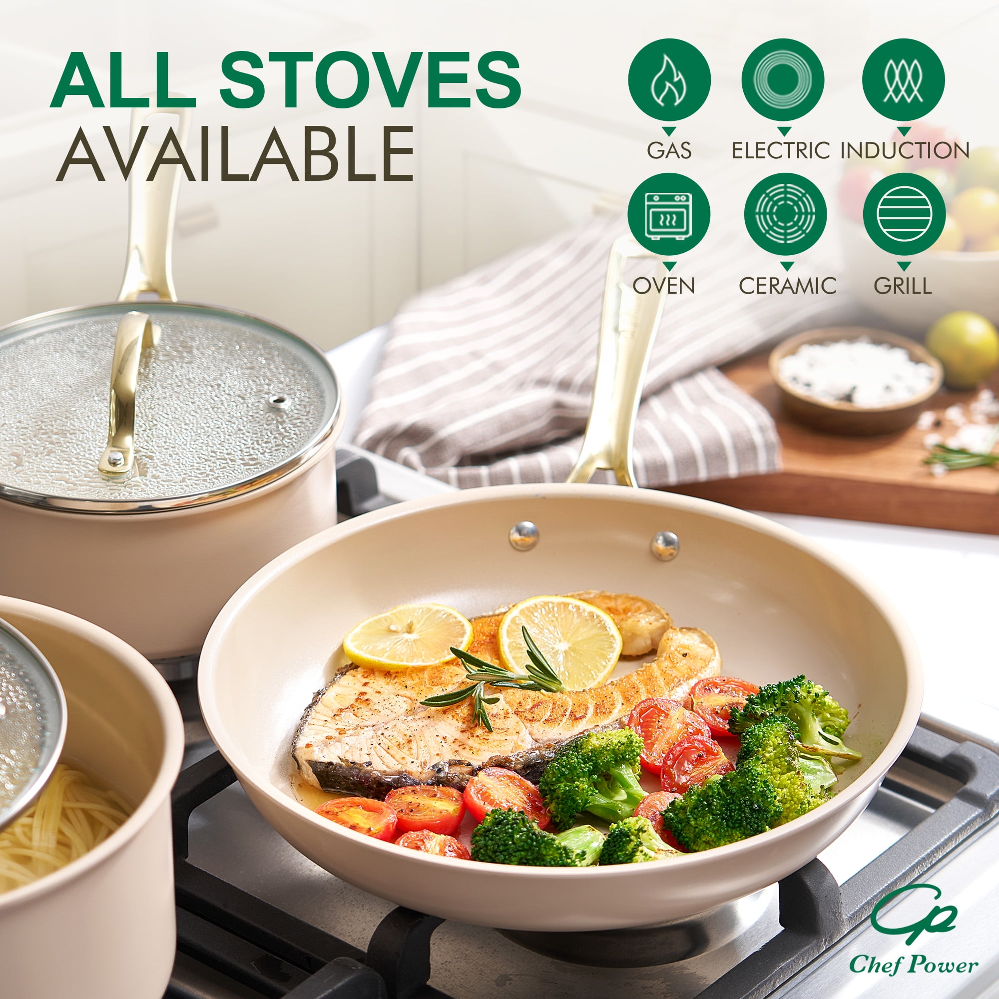 Chef Power Ceramic Cookware Sets, 10Pcs Pots and Pans Set Non Stick, Cookware Set with Stainless Steel Handle, Dishwasher & Oven Safe,  Taupe with Light Gold Handle