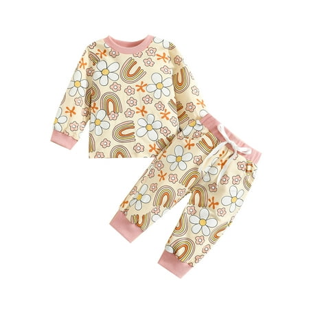 

aturustex Toddler Baby Girl 2Pcs Clothes Outfit Round Neck Long Sleeve Rainbow Flower Printed Pullover Shirt Top +Tie-Up Pants 6M-4T