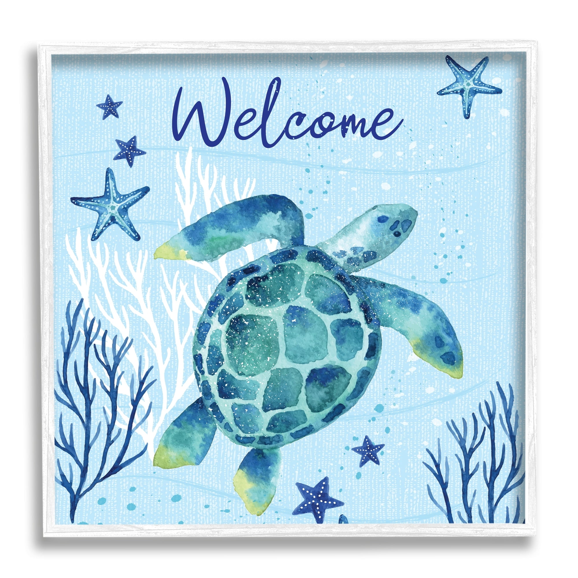 Stupell Industries Welcome Sign Sea Turtle Swimming Ocean Life Graphic Art White Framed Art Print Wall Art, Design by Sharon Lee