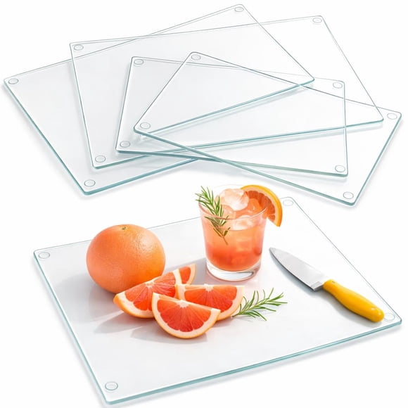 Hacaroa 4 Pack Tempered Glass Cutting Board with Rubber Feet, Rectangle Non-slip Chopping Board, Long Lasting Clear Glass Tray fo