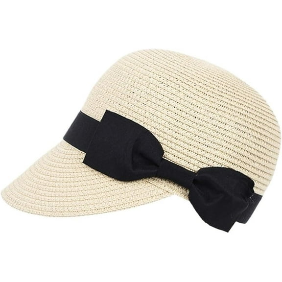 Women's Japanese Style Straw Sun Hat With Black Bow, Summer Wide Brim UV Protection Visor Hat Travel Beach Bucket Cap